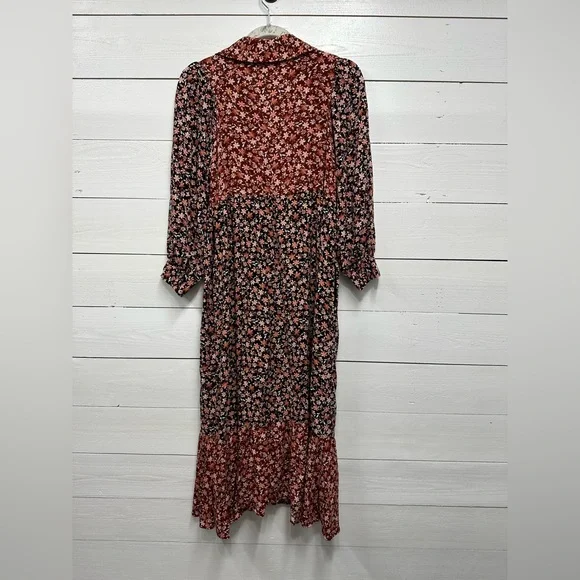 Zara • NEW • BROWN MAROON RED FLORAL PRINT BUTTONED LOOSE FIT MIDI DRESS • SMALL - Picture 5 of 11
